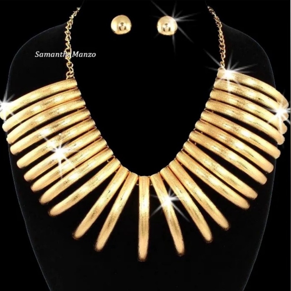 Cleopatra Satin Shiny Claw Link chain Statement Necklace Stud Earring Set Gold